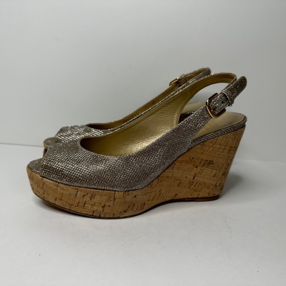 Stuart Weitzman Jean Glitter Slingback Cork Platform Sandals Women's Size 7M - Picture 2 of 14